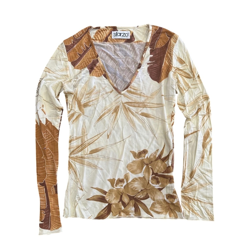 Sfarzo Milano Italy Women Brown Beige Tropical Floral Mesh Long Sleeve Top